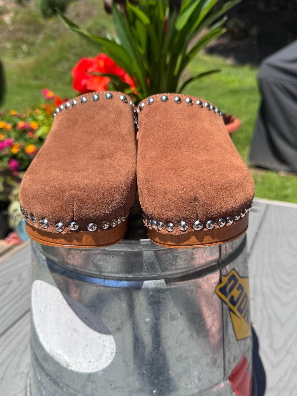 Anthropologie Suede Studded Wood-Bottom Clogs 8.5 - Picture 6 of 6